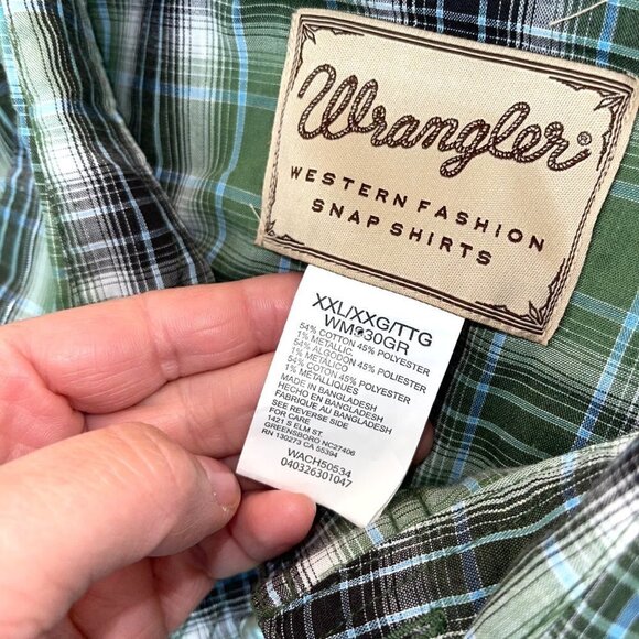 Wrangler Western Fashion Snap Shirt Mens Size XXL Vintage Long Sleeve Green Gray - Picture 5 of 13